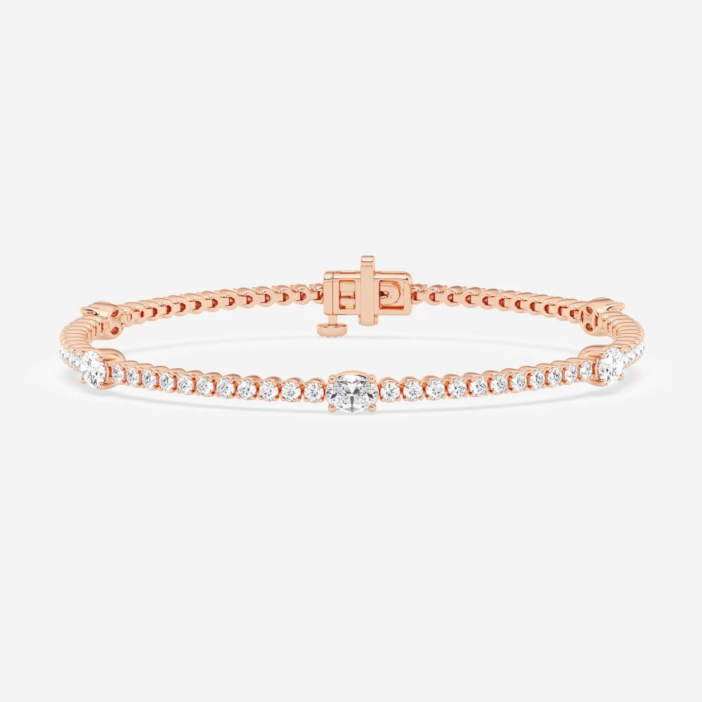 Emerald Bezel Intervals In Round Tennis Bracelet - 1.30 CTTW - Oval Diamond - 14K Rose Gold