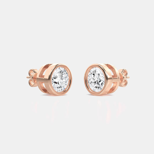 Round Lab Grown Diamond Bezel Studs Earring In Basket Setting - 0.50 CTTW - Round Diamond - 14K Rose Gold